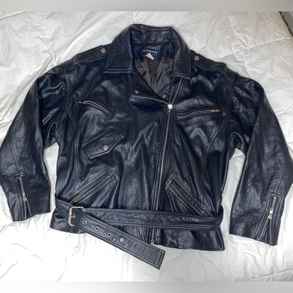 Liz Claiborne 100% Heavy Leather Jacket black with removable belt
